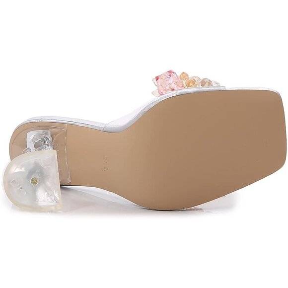 Elegant Women Crystal Flower Silver Heels Square Toe Stiletto Mule Dress Sandals - Picture 4 of 7